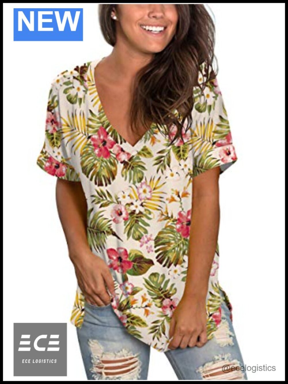Women's V-Neck Rolled Sleeve Tunic T-Shirt High Low Hem Side Split Loose Fit